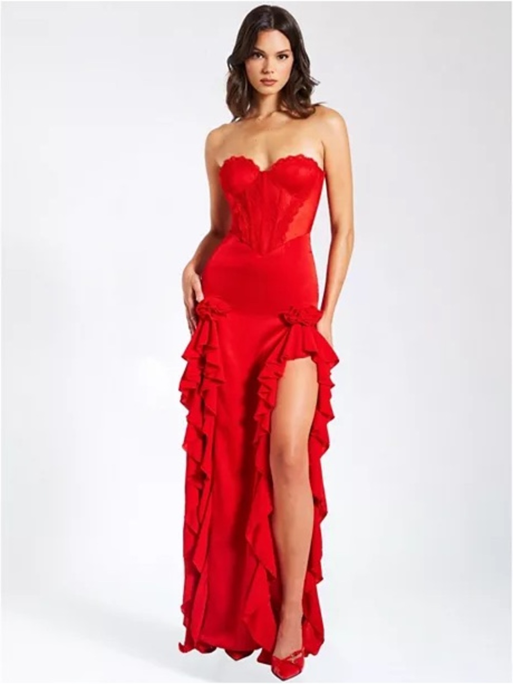 Miss Circle Talia Red Satin Lace Corset Maxi Dress